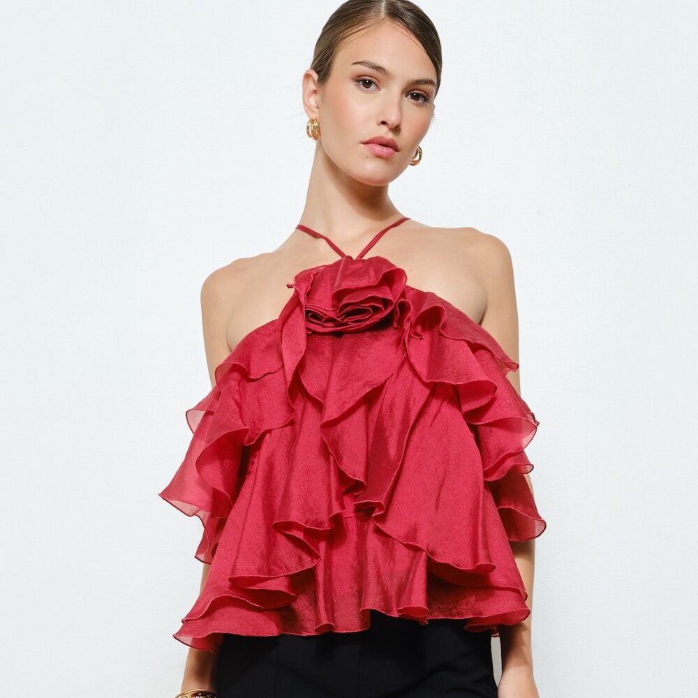 Red Holiday Party Florette Ultra Ruffle Silky Lace Back Top